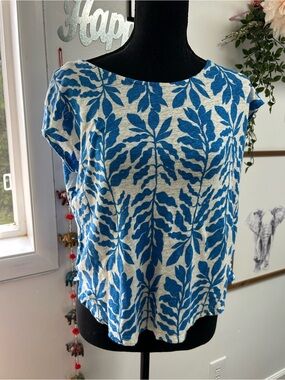Rachel Zoe Blue Leaf Print Boatneck Blouse- medium